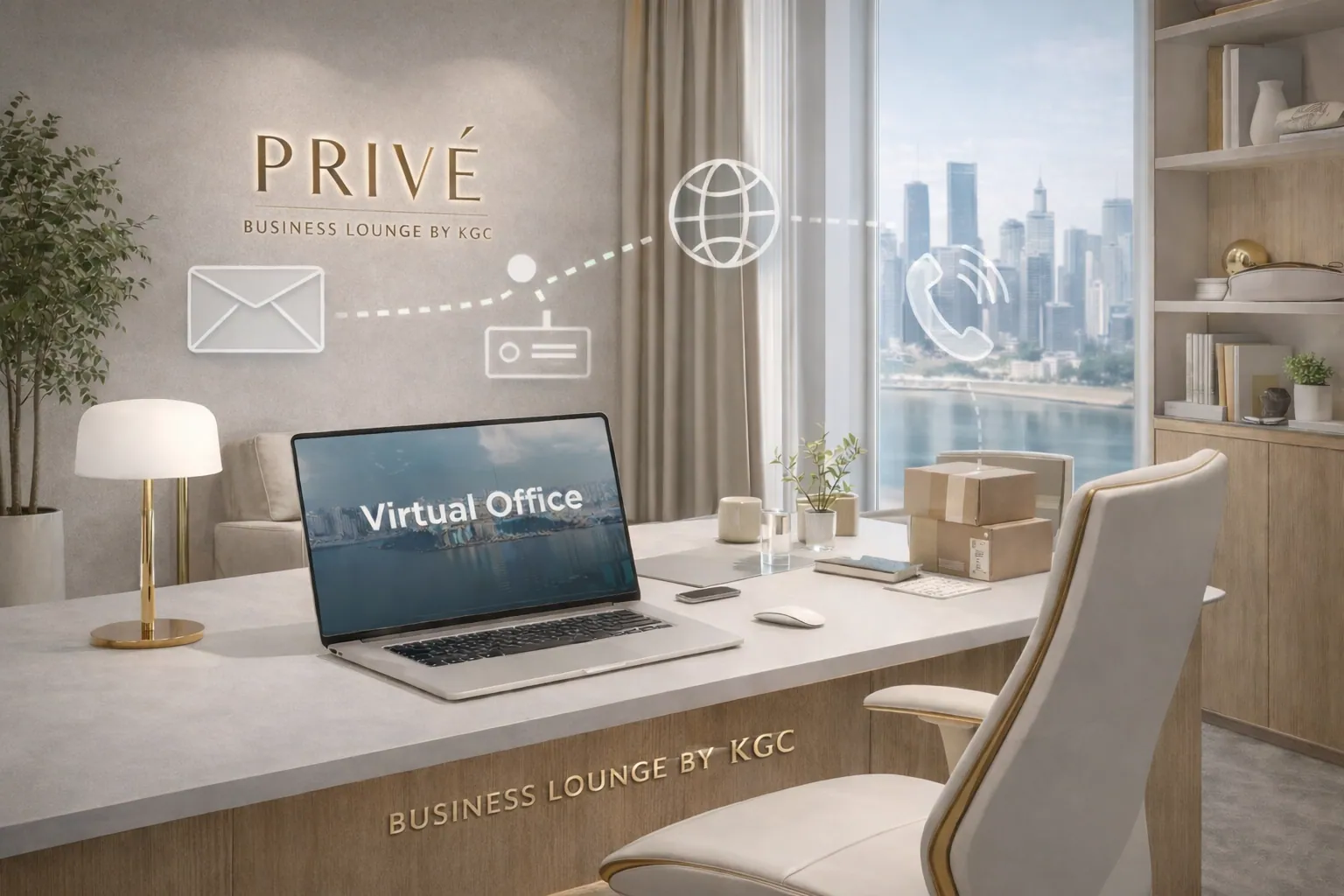A laptop on a desk beside the Privé Lounge reception wall, illustrating the virtual office service